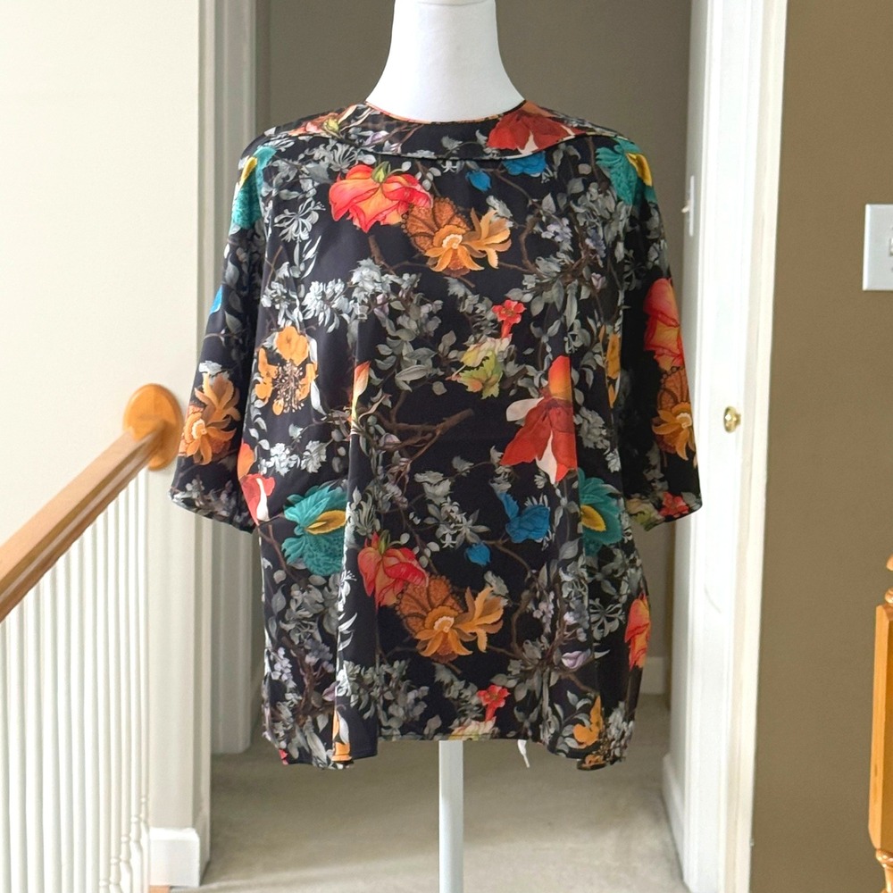 Pari Passu Marni Floral Print Boat Neck Blouse Black Gold Zip Top Size 16